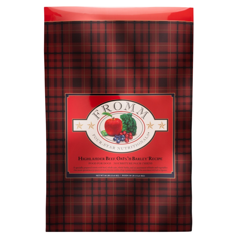 A Scottish-inspired entre specially prepared with beef, whole oats, whole barley, and an assortment of fruits and vegetables.  Dry dog food. 26 lb.
